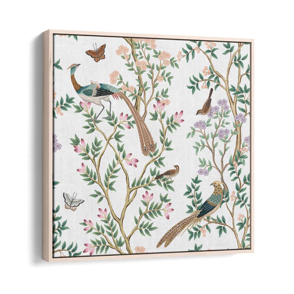 Peacocks And Birds In Flower Garden I Indian Art Painting Artwork in Oak Wood Floater Frame