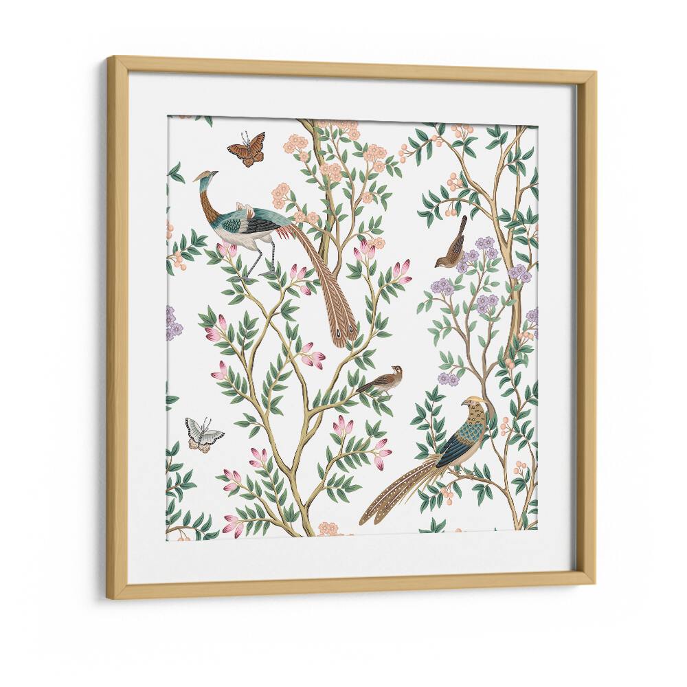 Peacocks And Birds In Flower Garden I Indian Art Painting Artwork in Oak Wood Frame With Mount