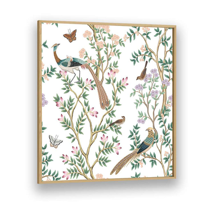 Peacocks And Birds In Flower Garden I Indian Art Painting Artwork in Oak Wood Plain Frame