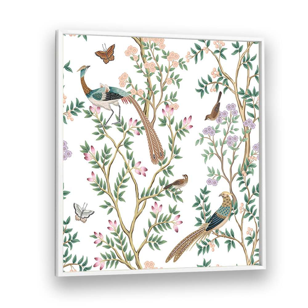 Peacocks And Birds In Flower Garden I Indian Art Painting Artwork in White Plain Frame