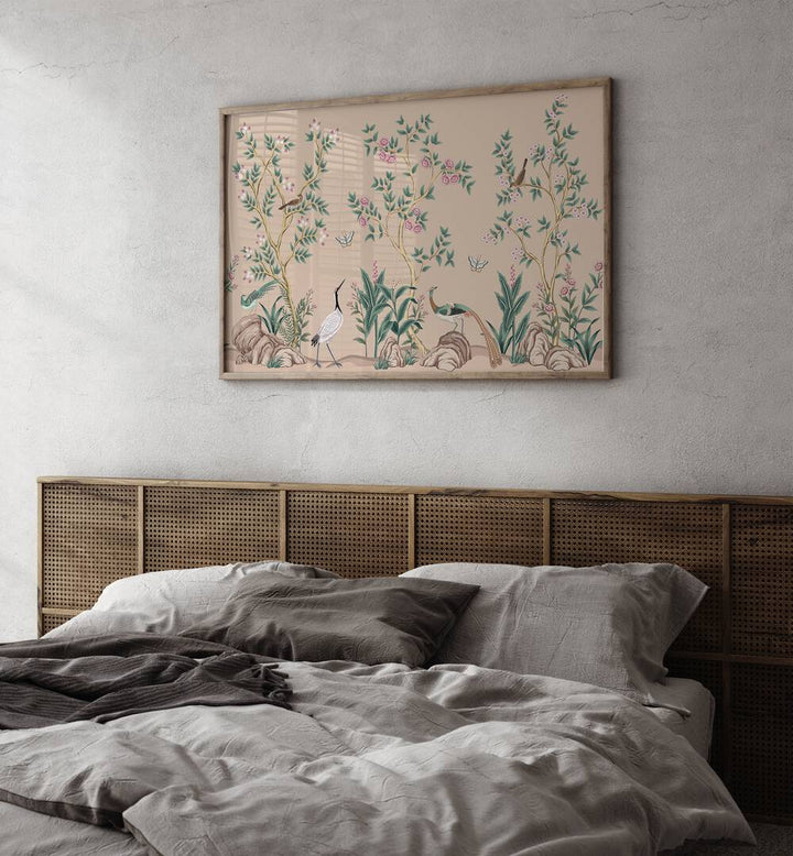 Peacocks And Birds In Flower Garden II Indian Art Painting Artwork in Oak Wood Plain Frame placed on a White Wall near the bed in the Bedroom