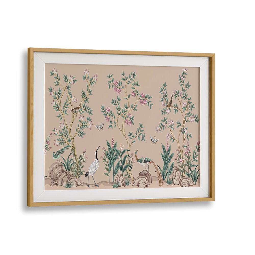 Peacocks And Birds In Flower Garden II Indian Art Painting Artwork in Oak Wood Frame With Mount