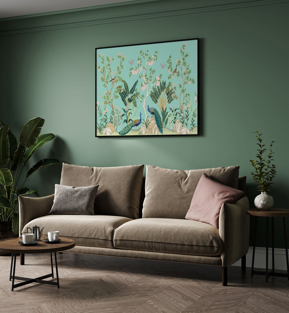 Peacocks And Birds In Flower Garden III Indian Art Painting Artwork in Black Plain Frame placed on a Green Wall behind a light brown Sofa in the Living Room