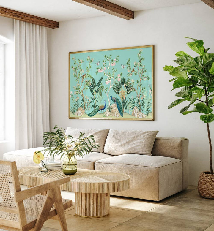 Peacocks And Birds In Flower Garden III Indian Art Painting Artwork in Gold Plain Frame placed on a White Wall behind a Beige Sofa in the Living Room