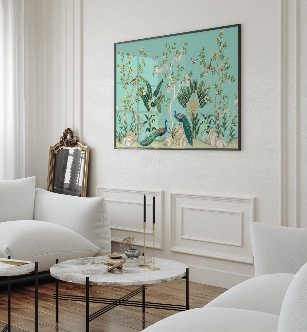 Peacocks And Birds In Flower Garden III Indian Art Painting Artwork in Black Plain Frame placed on a White Wall Near a White Sofa in the Living Room