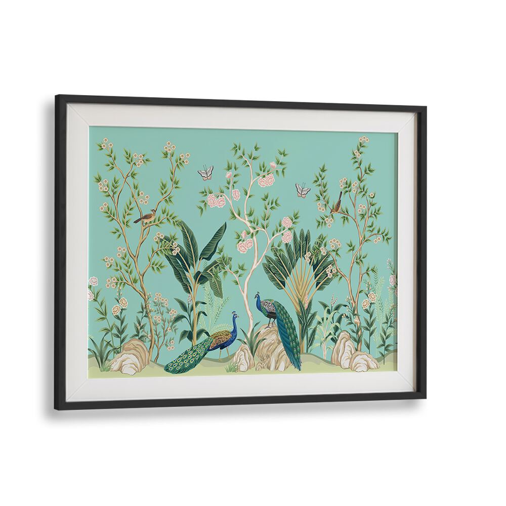 Peacocks And Birds In Flower Garden III Indian Art Painting Artwork in Black Frame With Mount