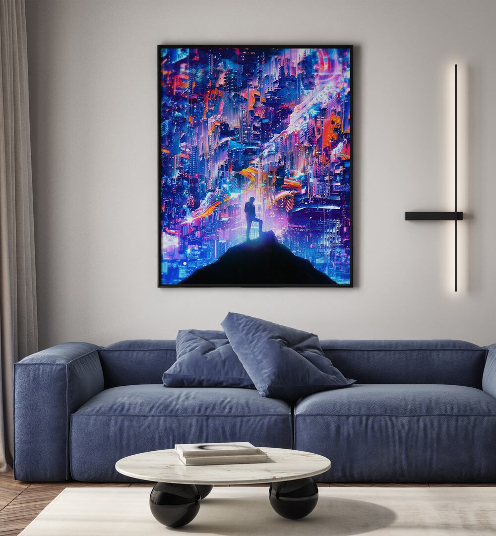 Peak By Francis Minoza Astronaut & Nasa Paintings, Space Art Prints Artwork in Black Plain Frame placed on a Cream Colored Wall near a Blue Sofa in the Living Room
