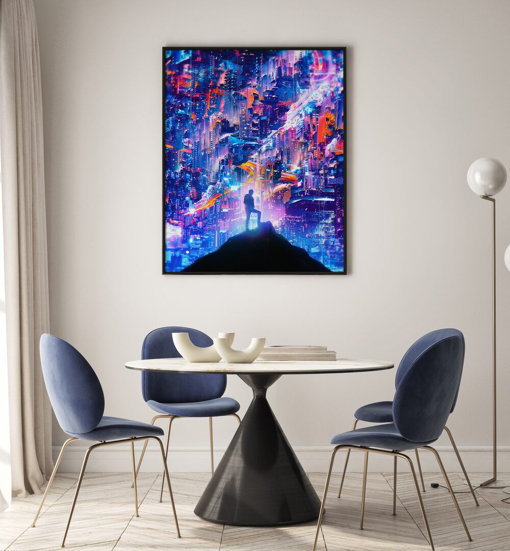 Peak By Francis Minoza Astronaut & Nasa Paintings, Space Art Prints Artwork in Black Plain Frame placed on a Cream Colored Wall near a Dining Table in the Dining Room