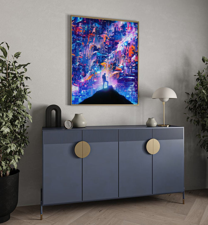 Peak By Francis Minoza Astronaut & Nasa Paintings, Space Art Prints Artwork in Oak Wood Plain Frame placed on a Cream Colored Wall placed above a Console Table in the Drawing Room
