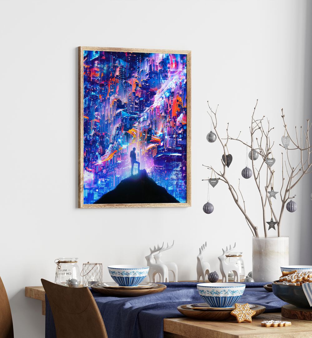 Peak By Francis Minoza Astronaut & Nasa Paintings, Space Art Prints Artwork in Oak Wood Plain Frame placed on a White Colored Wall near a Dining Table in the Dining Room
