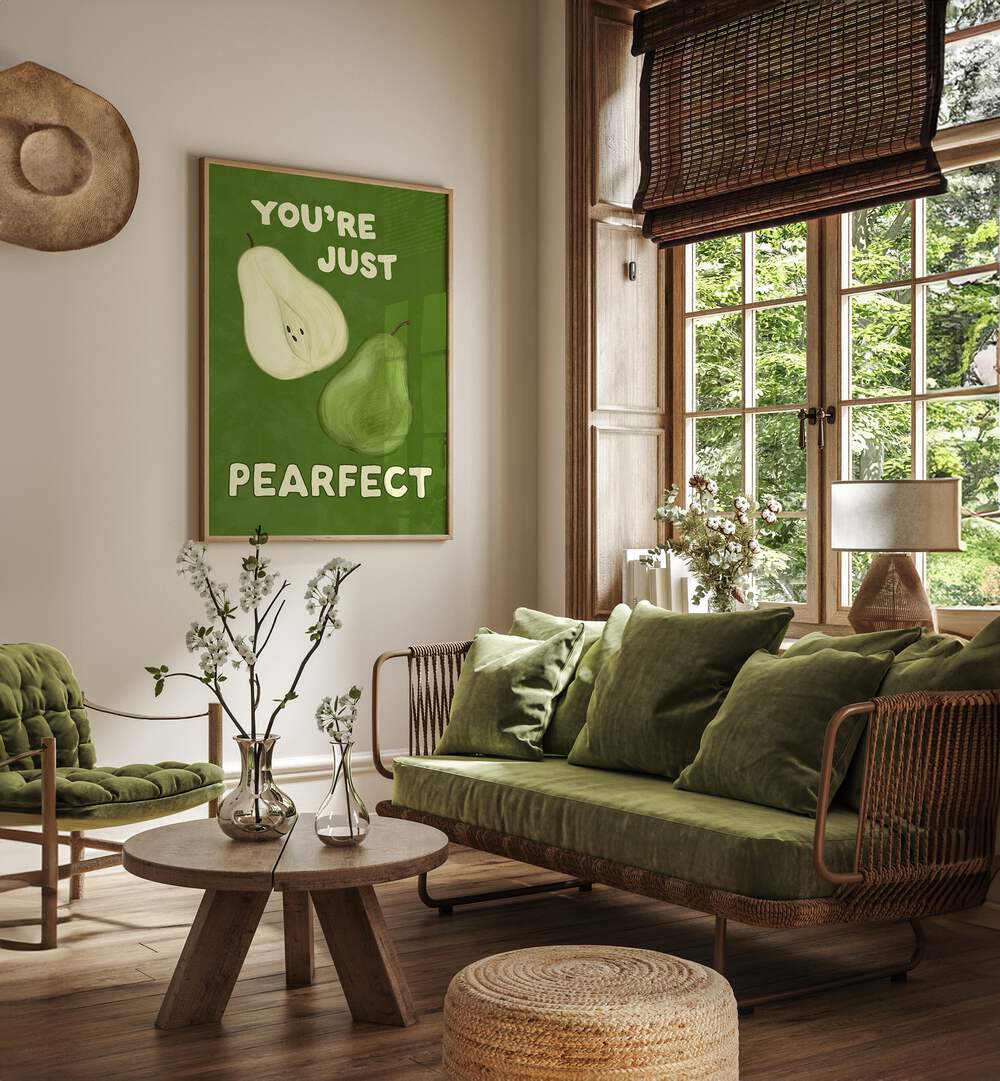 Bright green PEARFECT, KITCHEN POSTERS featuring playful pear art, perfect for enhancing your kitchen decor.