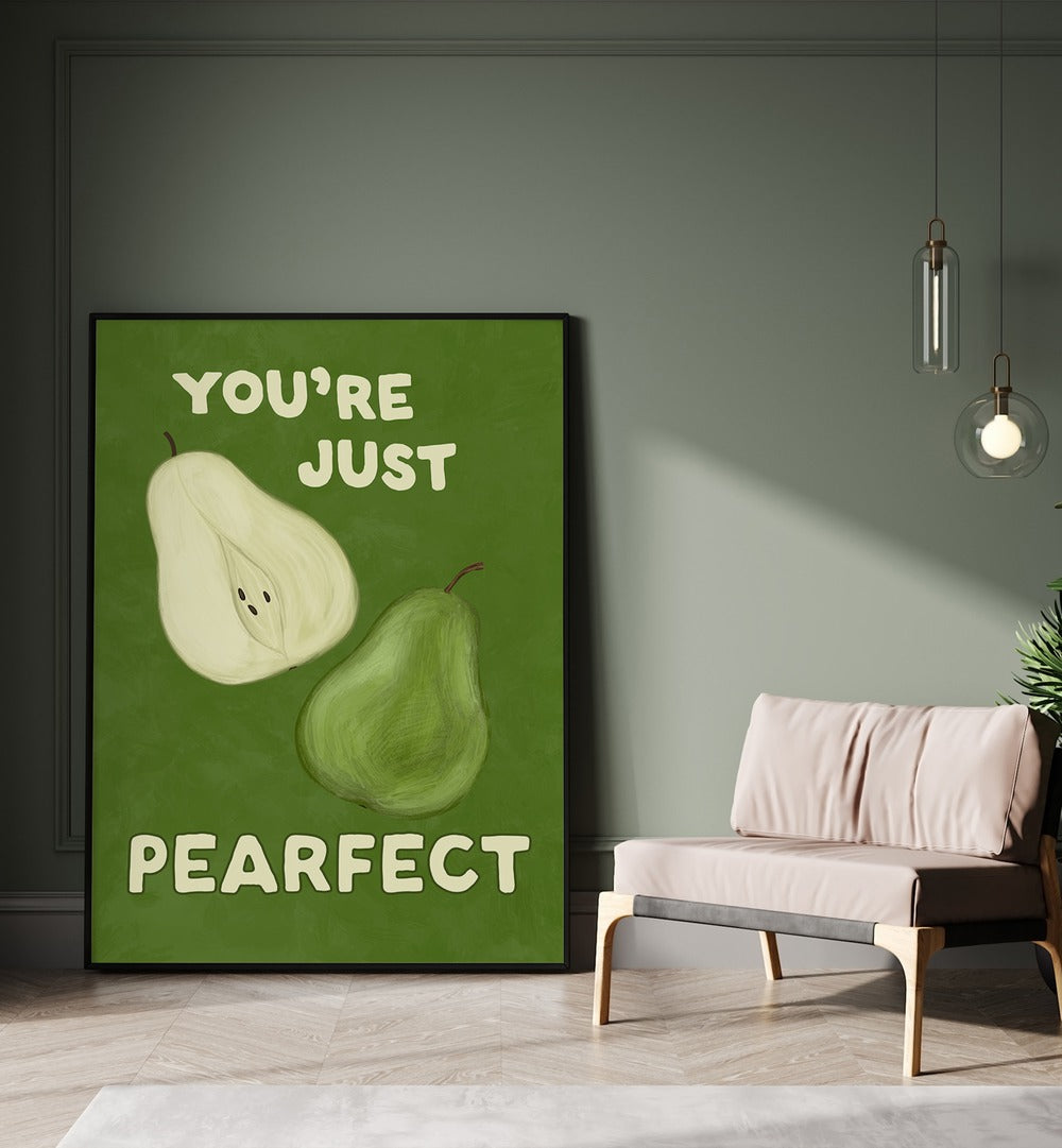 Whimsical PEARFECT, KITCHEN POSTERS featuring playful pears, perfect for brightening up your kitchen decor.