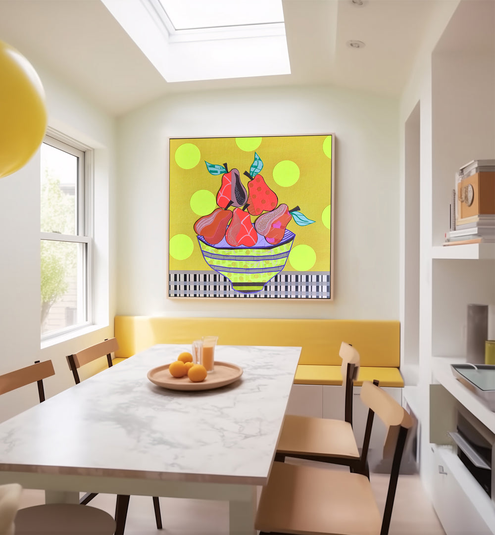 Colorful PEARS AND TEARS, KITCHEN POSTERS brighten up a modern kitchen with artistic fruit decor and playful design.