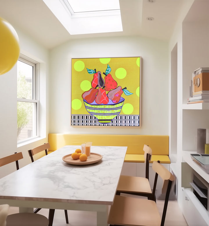 Colorful PEARS AND TEARS, KITCHEN POSTERS brighten up a modern kitchen with artistic fruit decor and playful design.