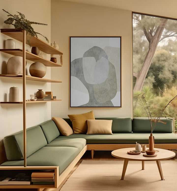 Modern living room featuring PEBBLES, ABSTRACT PAINTINGS, adding elegance and style to your space.