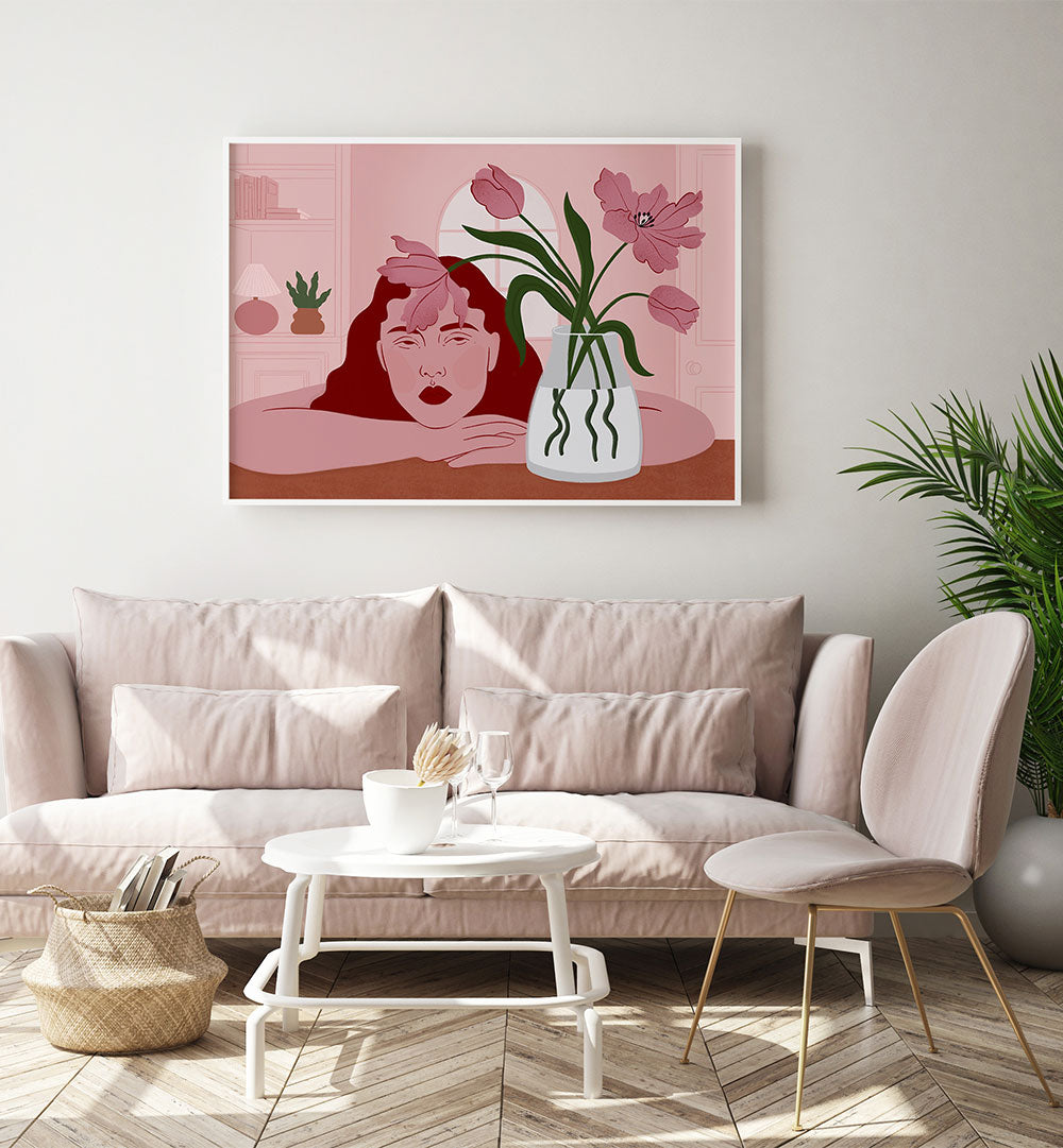 PENSIVE WOMAN AND TULIPS