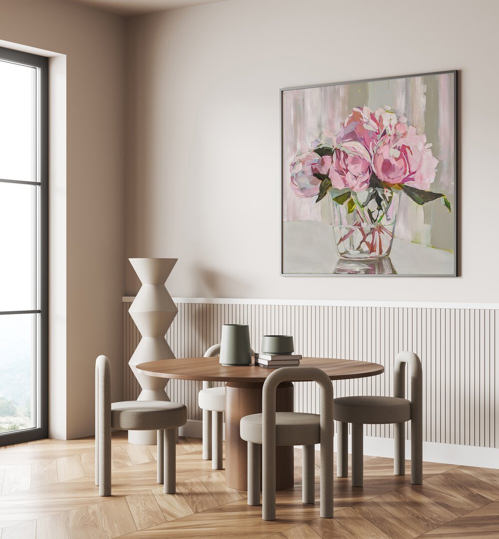 Stunning PEONIES, FLORAL FLOWER PAINTINGS in a modern setting, perfect for transforming your space with elegance.