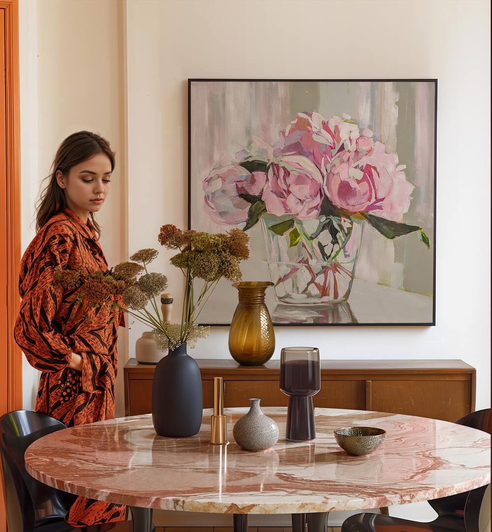 Beautiful PEONIES, FLORAL FLOWER PAINTINGS enhance a stylish interior with vibrant colors and elegant design.