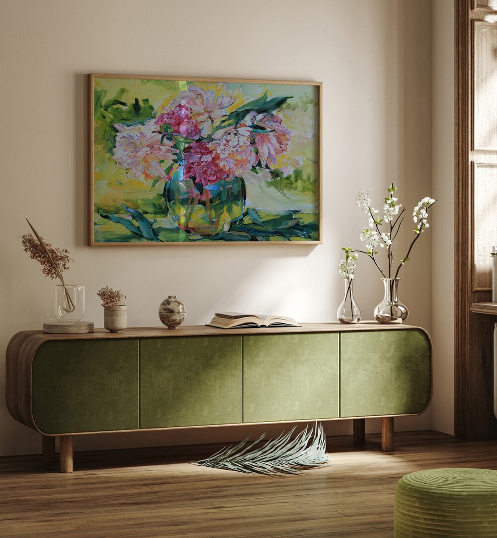 Brightly colored peonies in a vase, showcasing elegance in floral flower paintings for home decor. Perfect for any space.