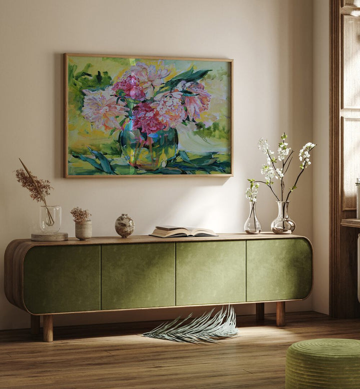 Brightly colored peonies in a vase, showcasing elegance in floral flower paintings for home decor. Perfect for any space.