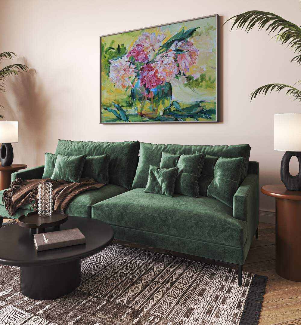 Colorful peonies in a vase, showcasing elegance in floral flower paintings for your home decor. Perfect addition!