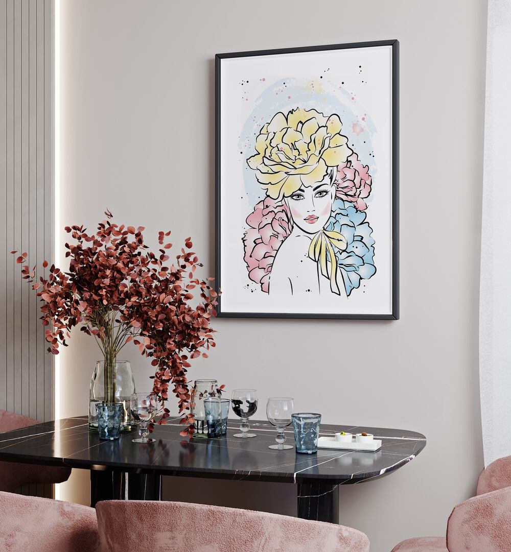 Peony Girl by Martina Fashion Art Artwork in Gallery Wrap Artwork Placed on a wall In A Living Room 