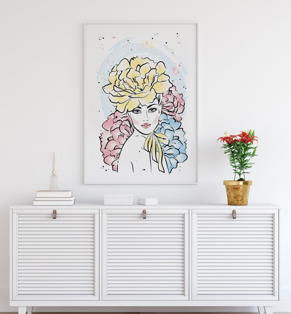 Peony Girl by Martina Fashion Art Artwork in Gallery Wrap Artwork Placed on a wall In A Living Room 