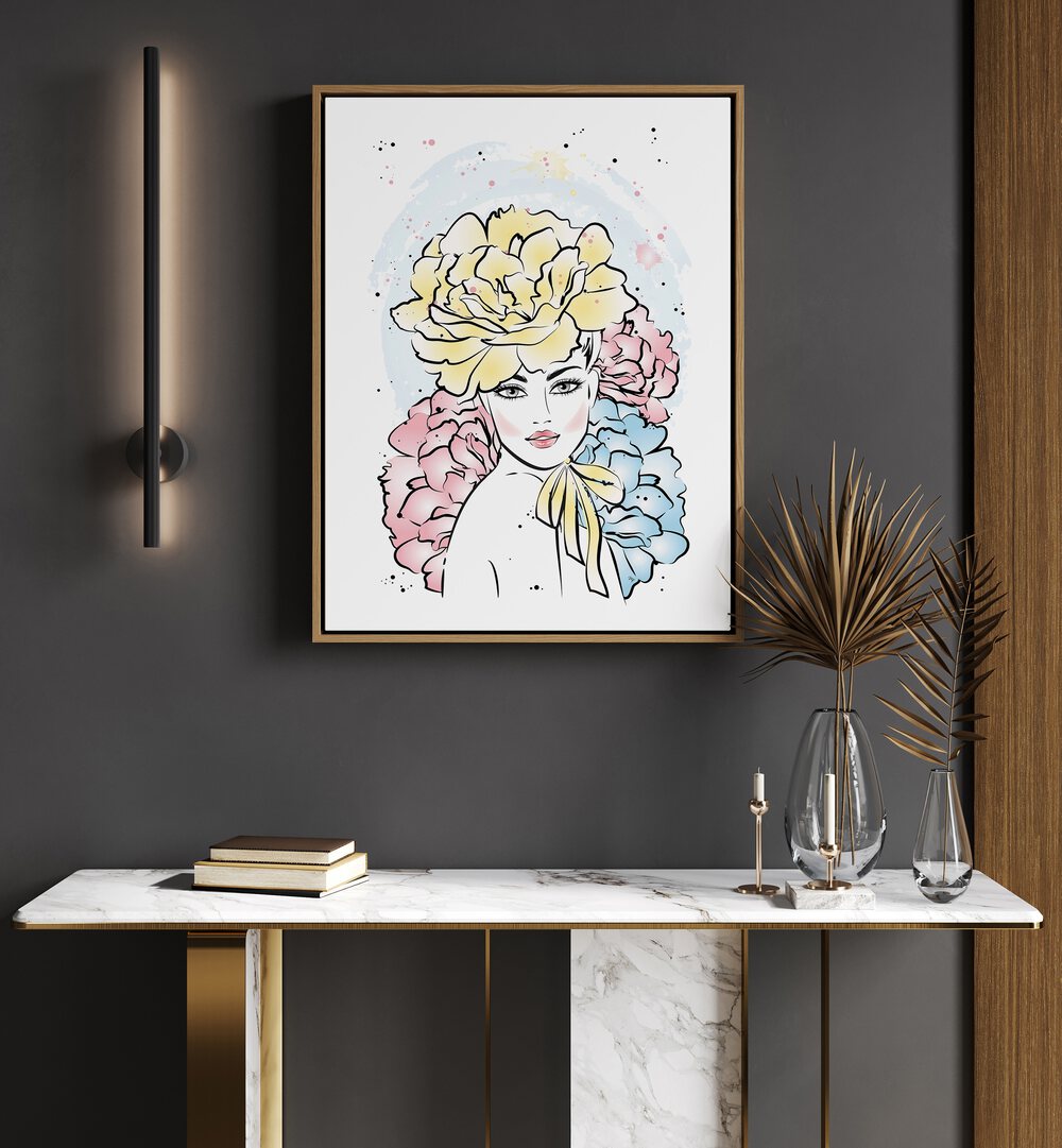 Peony Girl by Martina Fashion Art Artwork in Gallery Wrap Artwork Placed on a wall In A Living Room 
