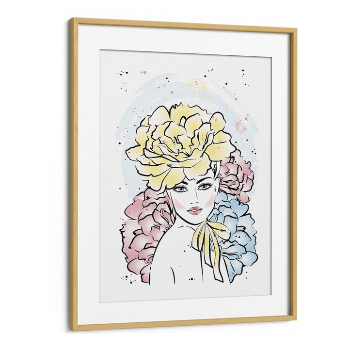 Peony Girl by Martina Fashion Art Artwork in Oak Wood Frame With Mount
