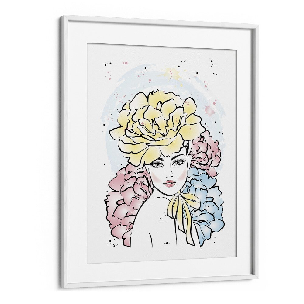 Peony Girl by Martina Fashion Art Artwork in White Frame With Mount