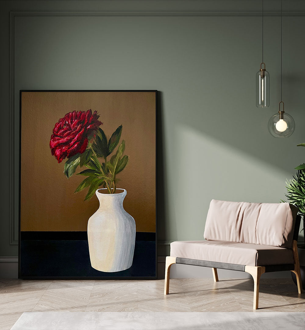 PEONY IN A WHITE VASE , FLORAL FLOWER PAINTINGS