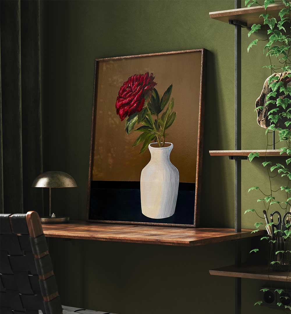 PEONY IN A WHITE VASE , FLORAL FLOWER PAINTINGS