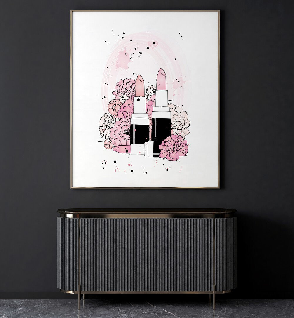 Peony Lipsticks by Martina Fashion Art Artwork in Gallery Wrap Artwork Placed on a wall In A Living Room 
