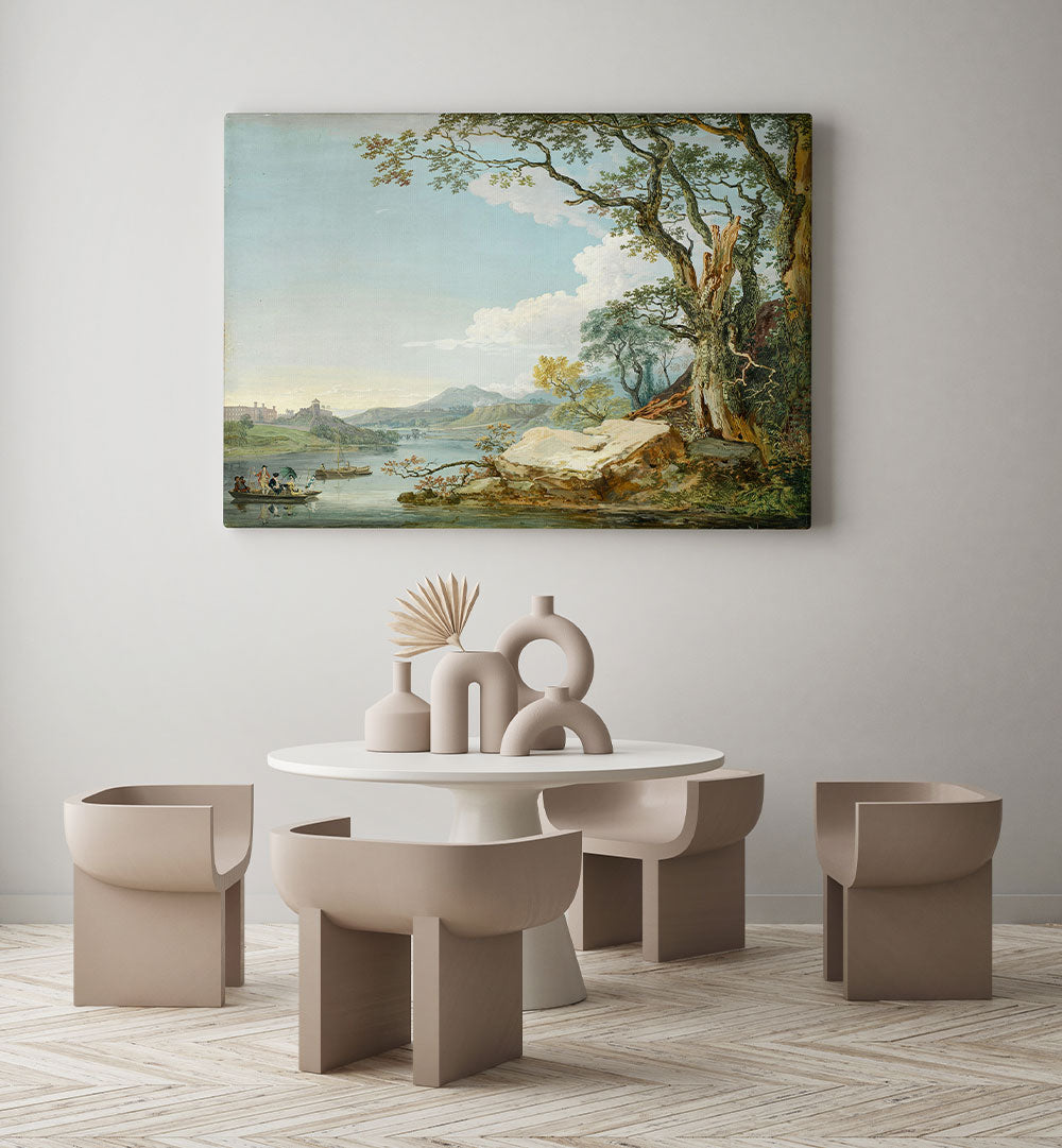 PEOPLE IN A BOAT ON A RIVER , VINTAGE LANDSCAPE