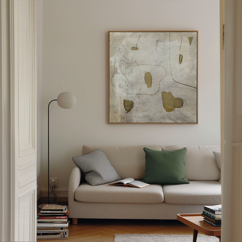Stylish living room showcasing PERPETUAL I, ABSTRACT PAINTINGS, complementing modern decor with vibrant artistry.