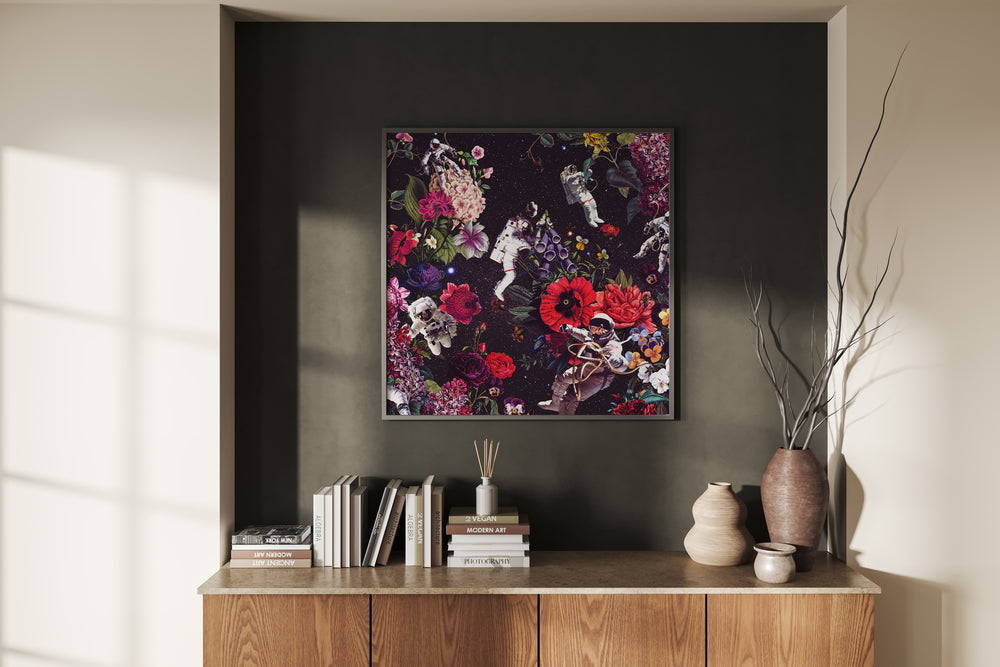 Petal Float Surreal Art Painting Artwork 
in plain black frame above a console table 