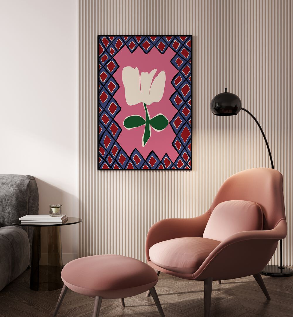 Petal Plaid Playtime I, Botanical Art Paintings Artwork in Black Plain Frame
placed on a Beige Colored Textured Wall
near a Peach Sofa Chair
in the Living Room
