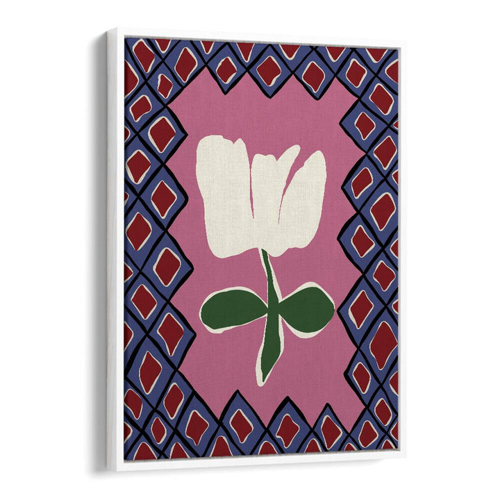 Petal Plaid Playtime I, Botanical Art Paintings Artwork in White Floater Frame
