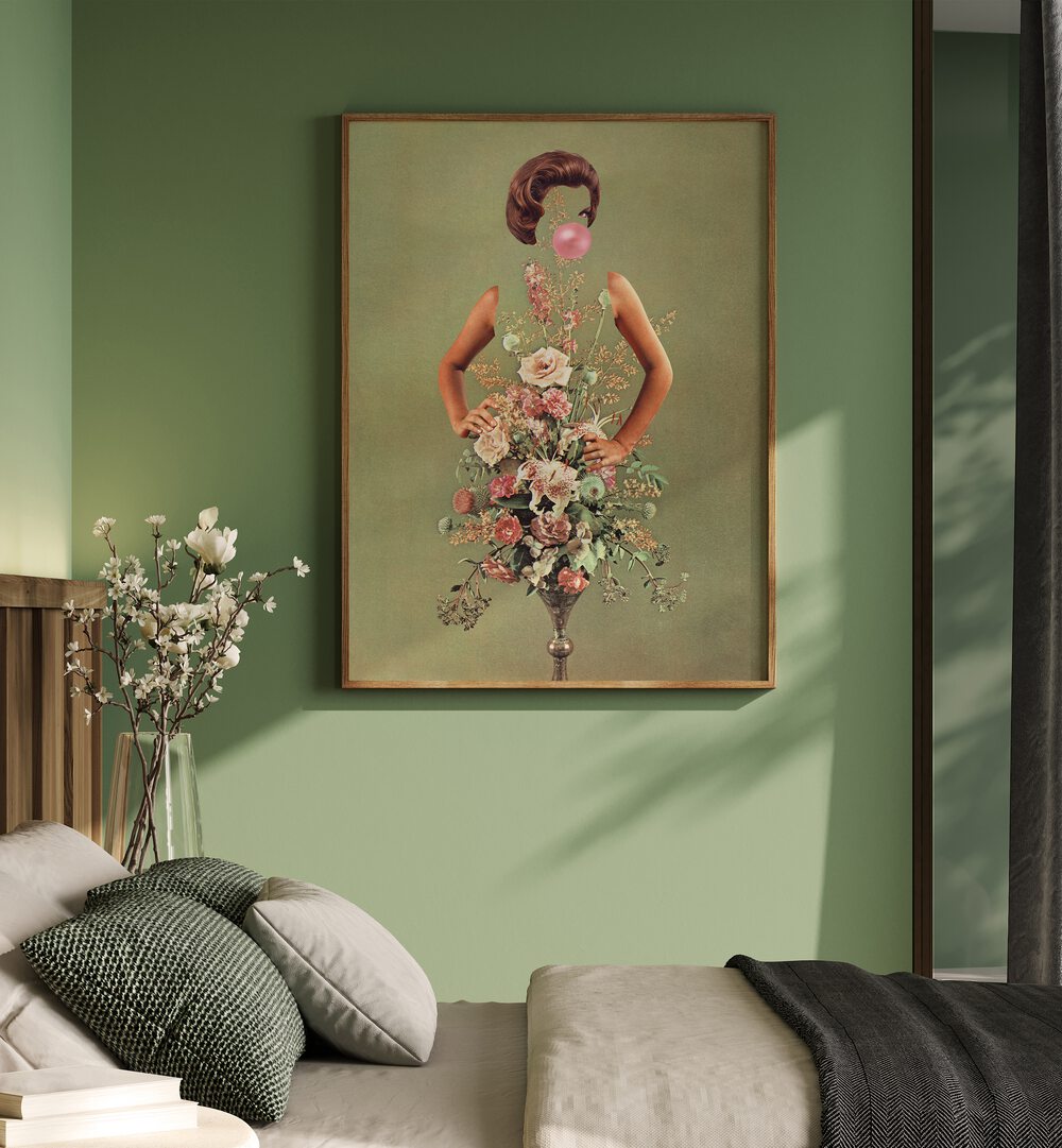 Petal Skirt And Pink Pop Surreal Art Painting Artwork in plain oakwood frame beside a bed for bedroom