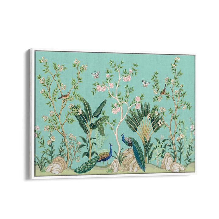 Phoolon Ki Bahar Peacocks And Birds Amidst Flower Garden III Indian art painting Artwork in White Floater Frame