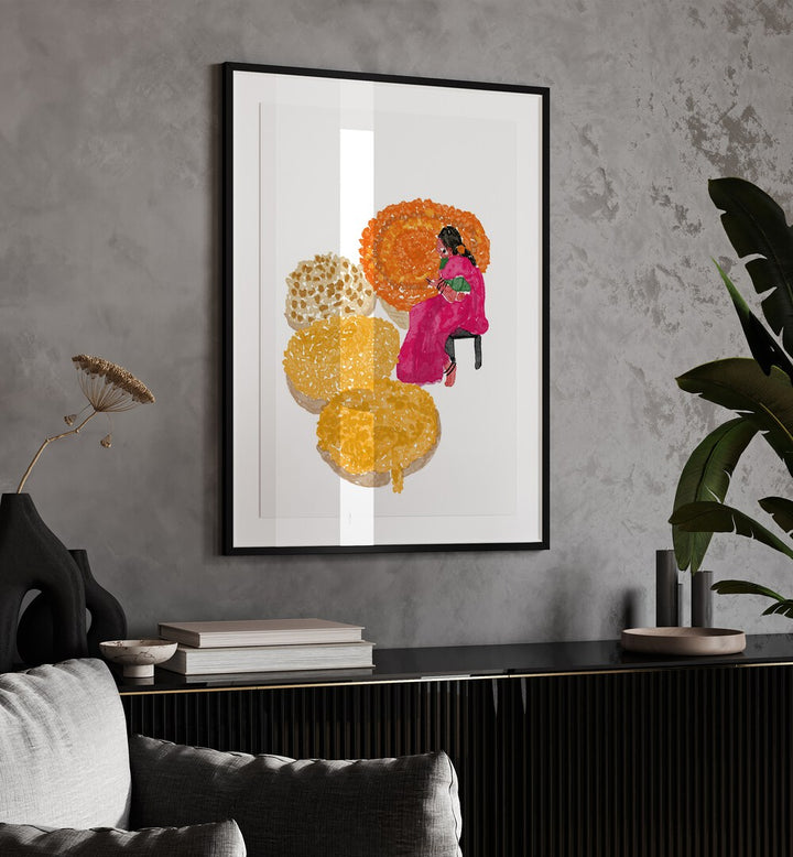 Phoolwalis Of India By Shreya Roy Chowdary, Indian Art Paintings Artwork in Black Frame With Mount placed on a Grey Colored Wall placed above a Console Table