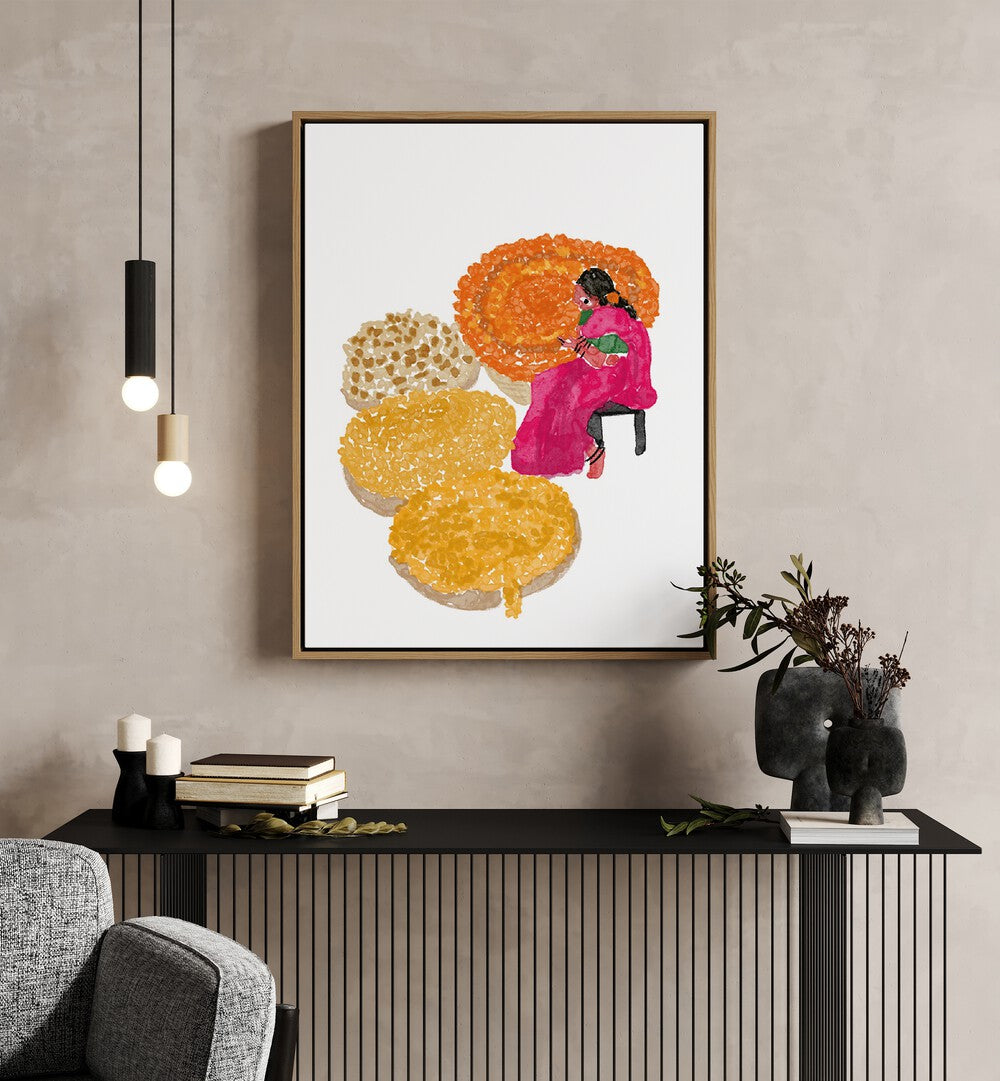 Phoolwalis Of India By Shreya Roy Chowdary, Indian Art Paintings Artwork in Oak Wood Floater Frame placed on a Beige Colored Wall placed above a Console Table 