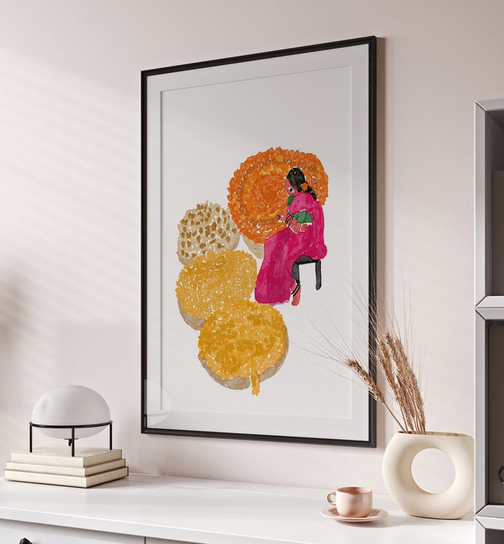 Phoolwalis Of India By Shreya Roy Chowdary, Indian Art Paintings Artwork in Black Frame With Mount placed on a Cream Colored Wall placed above a Shelf