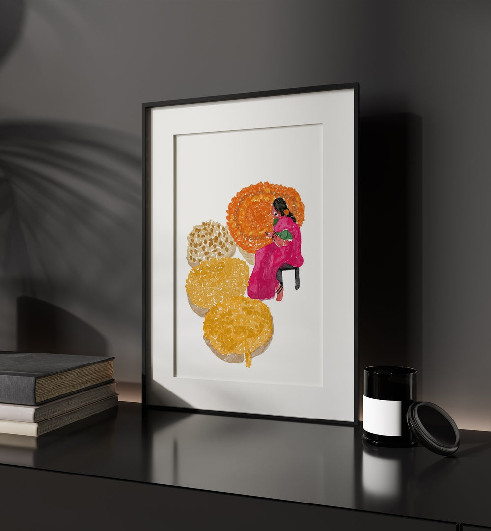 Phoolwalis Of India By Shreya Roy Chowdary, Indian Art Paintings Artwork in Black Frame With Mount placed above a Shelf near a Dark Grey Colored Wall