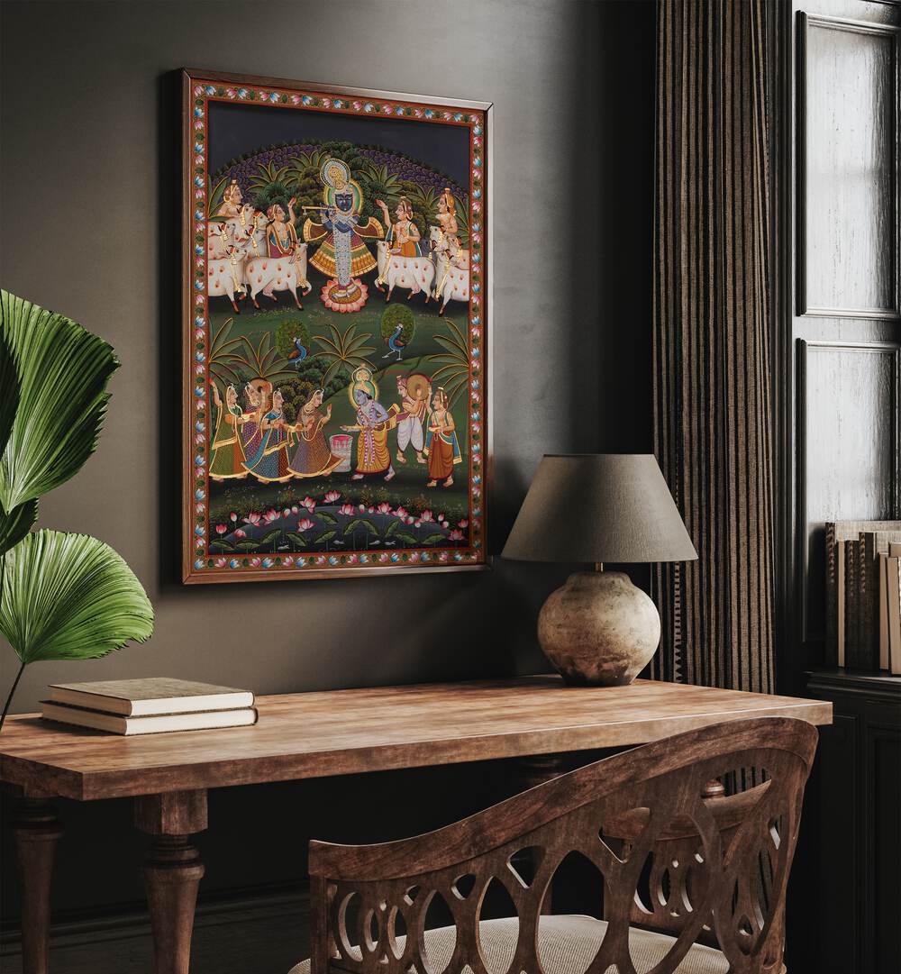 Pichwai Art I Indian Art Painting Artwork in plain black frame above a study table for study room