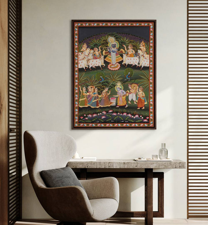 Pichwai Art I Indian Art Painting Artwork in plain black frame on white wall above console table