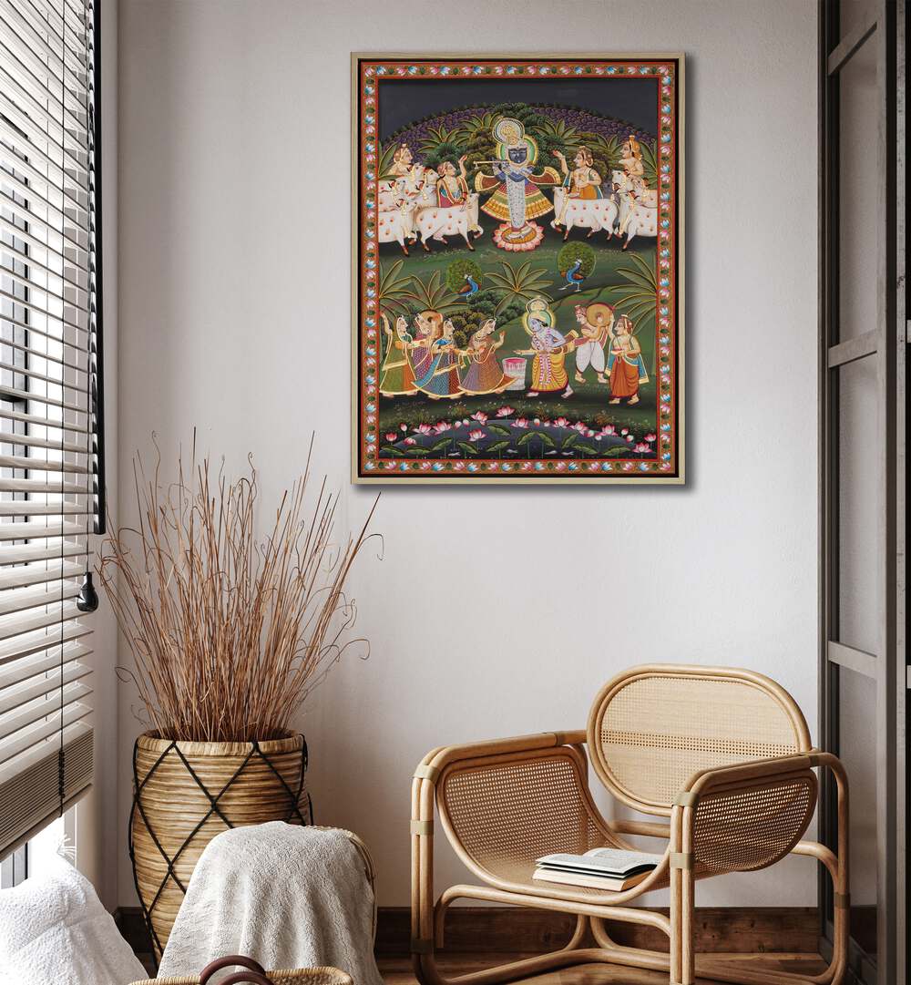 Pichwai Art I Indian Art Painting Artwork in oakwood floater frame on a white wall  