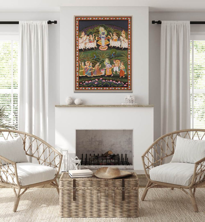 Pichwai Art I Indian Art Painting Artwork in white floater frame on a white wall above fire place for living room 