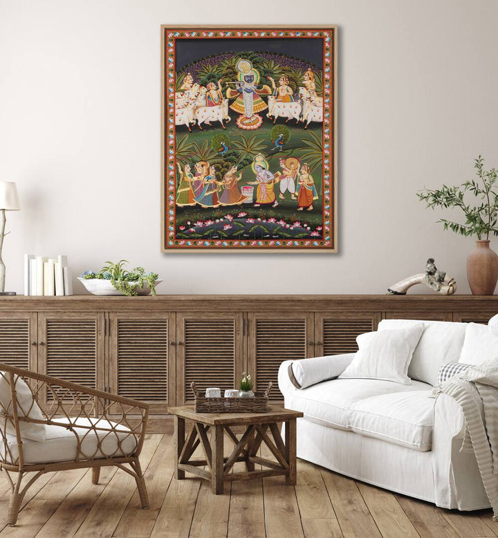 Pichwai Art I Indian Art Painting Artwork in oakwood floater frame on white wall for living room