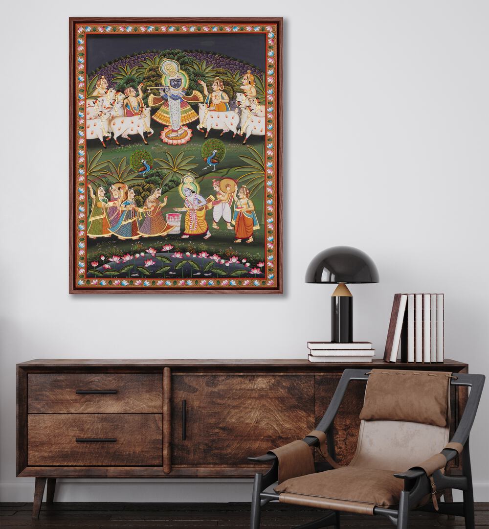 Pichwai Art I Indian Art Painting Artwork in oakwood floater frame above brown console table on white wall